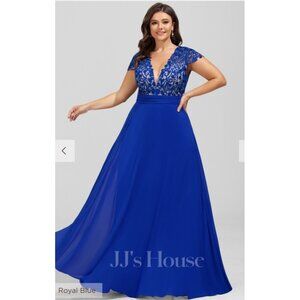 JJs House Royal Blue Lace & Chiffon V-Neck Evening Gown US12/UK14